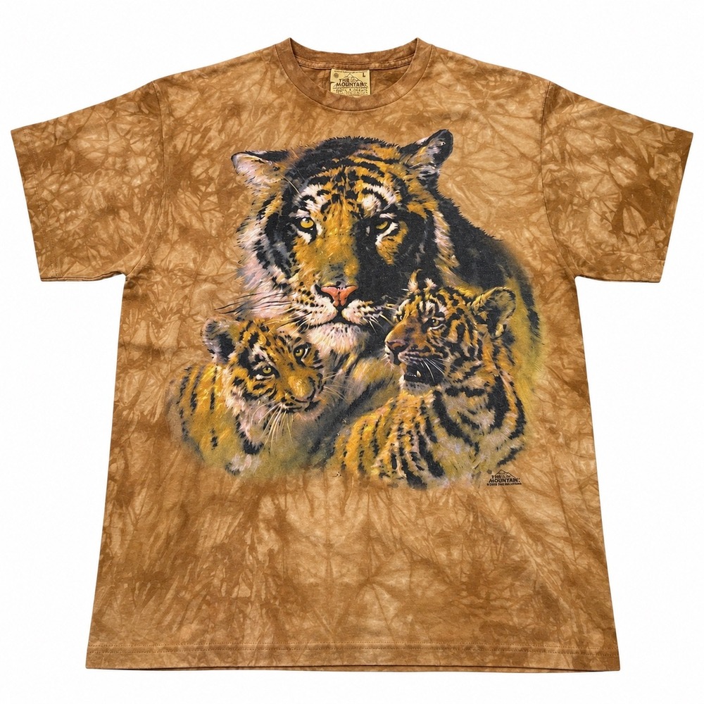 The Mountain Tiger and Cubs Graphic T-Shirt Brown Tie Dye Vintage 1998